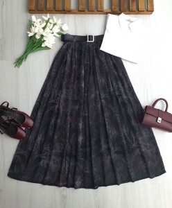 MALEL DUMAN DESENLİ DERİ KEMERLİ BELİ LASTİKLİ ASTARLI ŞİFON ETEK A6-6-6115-58-FÜME - 1