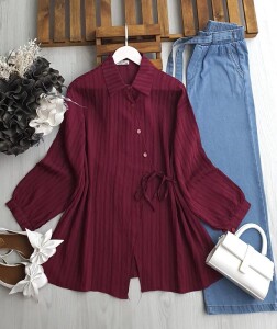 MEDSA ÇAPRAZ DÜĞMELİ YAN BAĞLAMALI GÖMLEK TUNİK C5-5536-04-BORDO - 