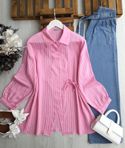 MEDSA ÇAPRAZ DÜĞMELİ YAN BAĞLAMALI GÖMLEK TUNİK C6-5536-05-PUDRA - 1