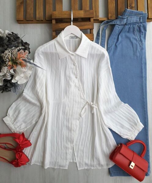 MEDSA ÇAPRAZ DÜĞMELİ YAN BAĞLAMALI GÖMLEK TUNİK C6-5536-20-BEYAZ - 1