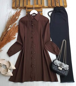 MELDA FIRFIRLI DÜĞMELİ SALAŞ TUNİK B9-3-5426-37-KAHVE - 