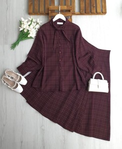 MELY YAKA DETAYLI ETEĞİ KUP DİKİŞLİ TAKIM 1733-04-BORDO - 