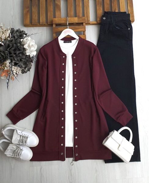 MERV KUŞGÖZÜ FERMUARLI KAP SIFIR KOL İÇ TUNİK TAKIM A6-1-3215-04-BORDO - 1