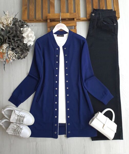 MERV KUŞGÖZÜ FERMUARLI KAP SIFIR KOL İÇ TUNİK TAKIM A6-1-3215-12-LACİVERT - 1