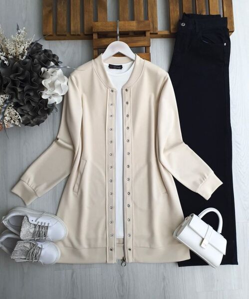 MERV KUŞGÖZÜ FERMUARLI KAP SIFIR KOL İÇ TUNİK TAKIM A6-1-3215-34-BEJ - 1