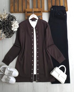 MERV KUŞGÖZÜ FERMUARLI KAP SIFIR KOL İÇ TUNİK TAKIM A6-1-3215-37-KAHVE - 