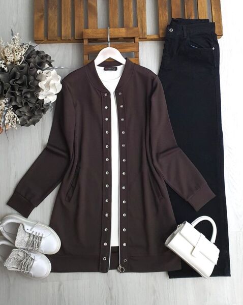 MERV KUŞGÖZÜ FERMUARLI KAP SIFIR KOL İÇ TUNİK TAKIM A6-1-3215-37-KAHVE - 1