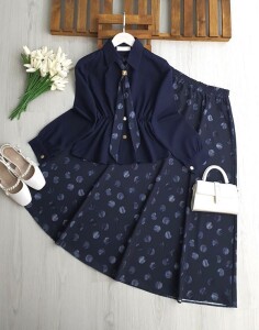 MESVA BELİ LASTİKLİ FULARLI ETEKLİ İKİLİ TAKIM 1749-12-LACİVERT - 1