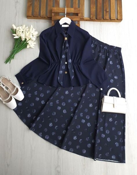 MESVA BELİ LASTİKLİ FULARLI ETEKLİ İKİLİ TAKIM 1749-12-LACİVERT - 1