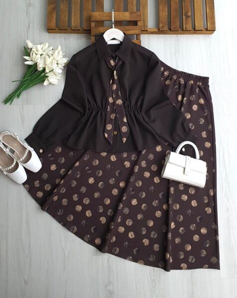 MESVA BELİ LASTİKLİ FULARLI ETEKLİ İKİLİ TAKIM 1749-37-KAHVE - 1