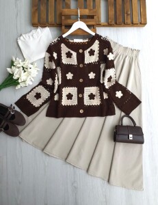 MOFD AJURLU NAKIŞLI DOKUMA ÖRGÜ HIRKA 8201-37-KAHVE - 1