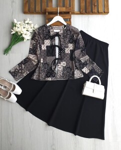 MOVZA ÖNÜ BAĞCIKLI CEKET ETEK TAKIM 1744-01-SİYAH - 1