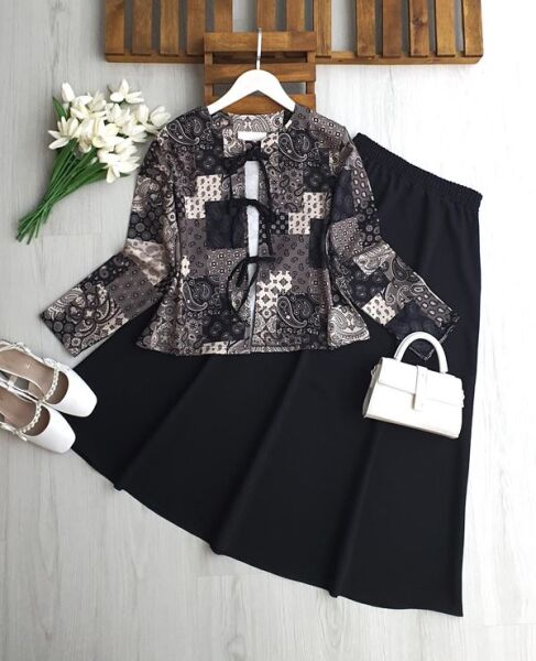 MOVZA ÖNÜ BAĞCIKLI CEKET ETEK TAKIM 1744-01-SİYAH - 1