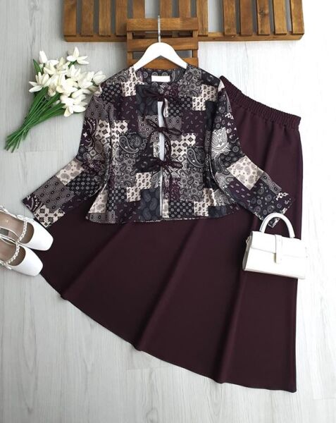 MOVZA ÖNÜ BAĞCIKLI CEKET ETEK TAKIM 1744-04-BORDO - 1