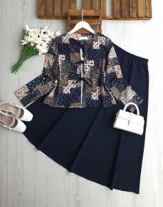 MOVZA ÖNÜ BAĞCIKLI CEKET ETEK TAKIM 1744-12-LACİVERT - 1