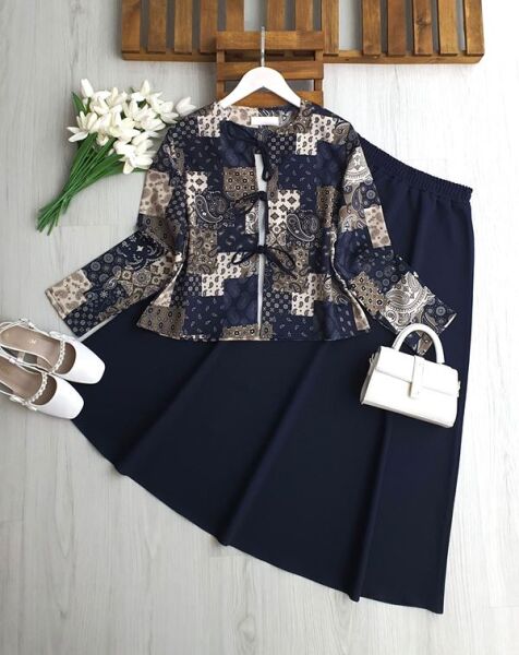 MOVZA ÖNÜ BAĞCIKLI CEKET ETEK TAKIM 1744-12-LACİVERT - 1