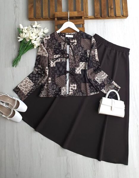 MOVZA ÖNÜ BAĞCIKLI CEKET ETEK TAKIM 1744-37-KAHVE - 1