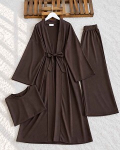 MUFS SALAŞ KİMONO İÇ TUNİK PANTOLON ÜÇLÜ TAKIM B1-1-10017-37-KAHVE - 