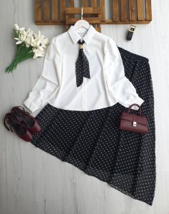 MUGDE FULARLI GÖMLEK DERİ KEMERLİ ASTARLI ŞİFON ETEK TAKIM 1750-01-SİYAH - 1