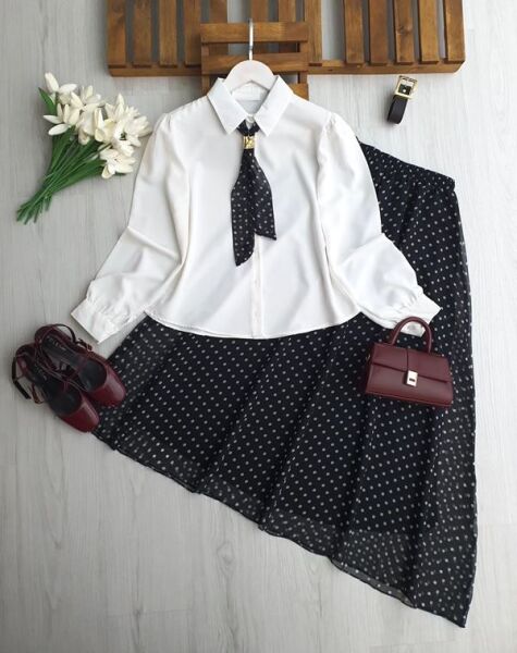 MUGDE FULARLI GÖMLEK DERİ KEMERLİ ASTARLI ŞİFON ETEK TAKIM 1750-01-SİYAH - 1