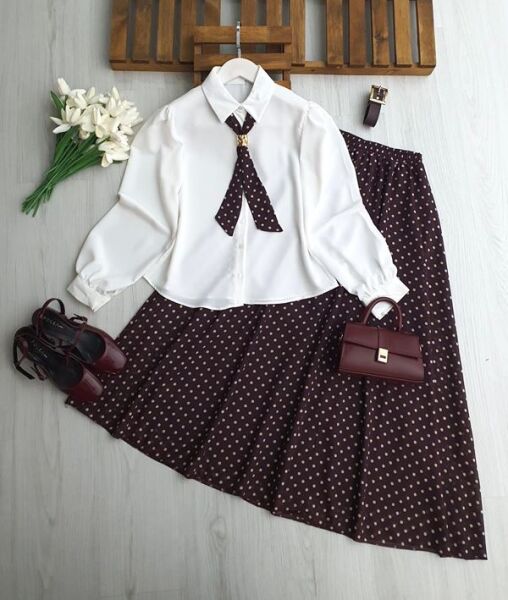 MUGDE FULARLI GÖMLEK DERİ KEMERLİ ASTARLI ŞİFON ETEK TAKIM 1750-18-MÜRDÜM - 1