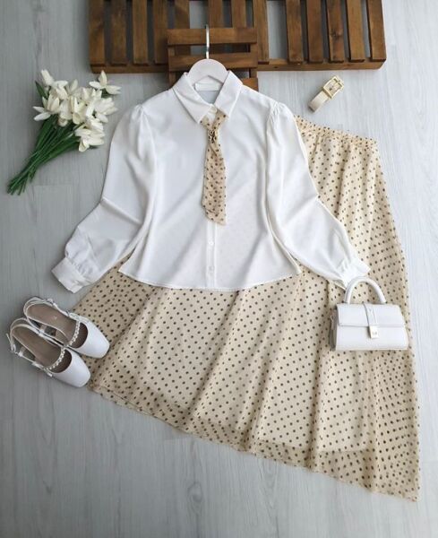 MUGDE FULARLI GÖMLEK DERİ KEMERLİ ASTARLI ŞİFON ETEK TAKIM 1750-34-BEJ - 1