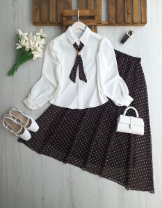 MUGDE FULARLI GÖMLEK DERİ KEMERLİ ASTARLI ŞİFON ETEK TAKIM B9-4-1750-37-KAHVE - 