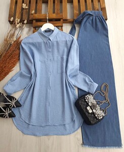 MUGLE OVERSIZE TEK CEP KETEN GÖMLEK C1-5271-13-BEBE MAVİSİ - 