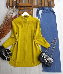 MUGLE OVERSIZE TEK CEP KETEN GÖMLEK C4-5271-60-YAĞ YEŞİLİ - 