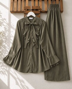MULES DANTEL DÖKÜMLÜ YAKA PANTOLON ASTARLI İKİLİ TAKIM 1769-09-HAKİ 