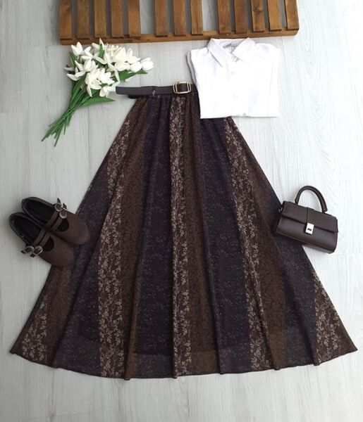 MUNES KİLİM DESEN DERİ KEMERLİ BELİ LASTİKLİ ASTARLI ŞİFON ETEK 6110-37-KAHVE - 1