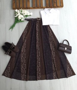 MUNES KİLİM DESEN DERİ KEMERLİ BELİ LASTİKLİ ASTARLI ŞİFON ETEK A6-1-6110-37-KAHVE - 1
