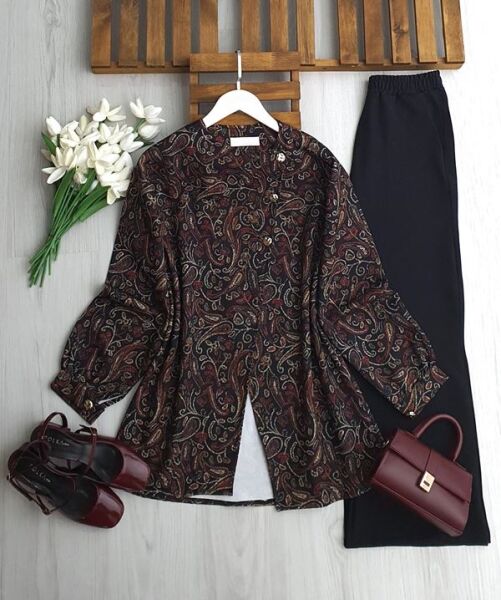 MUNFE ÜÇ DÜĞME ETNİK DESEN CEKET PANTOLON TAKIM A5-4-1741-01-SİYAH - 1