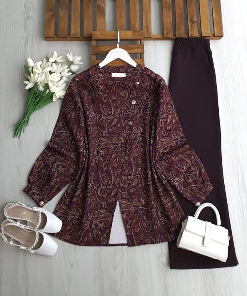 MUNFE ÜÇ DÜĞME ETNİK DESEN CEKET PANTOLON TAKIM A5-4-1741-04-BORDO - 1