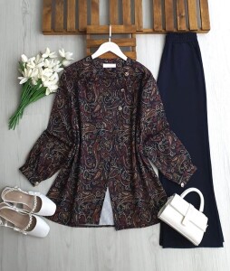 MUNFE ÜÇ DÜĞME ETNİK DESEN CEKET PANTOLON TAKIM A5-4-1741-12-LACİVERT - 1