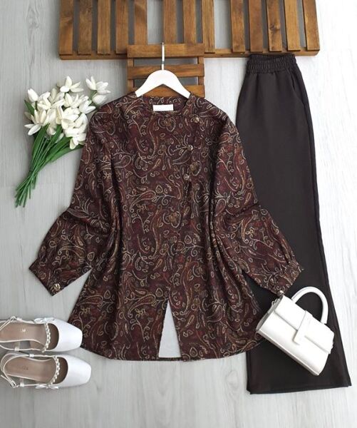 MUNFE ÜÇ DÜĞME ETNİK DESEN CEKET PANTOLON TAKIM A5-4-1741-37-KAHVE - 1