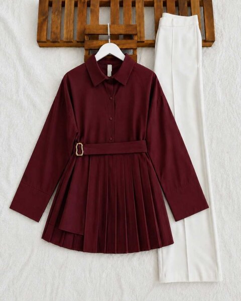 NADYAS PİLİSE KEMERLİ DÜZ GÖMLEK TUNİK 5763-04-BORDO - 1