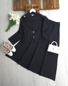 NAKSE ASİMETRİK PARÇALI GOLD DÜĞMELİ KETEN TAKIM 5712-01-SİYAH - 1