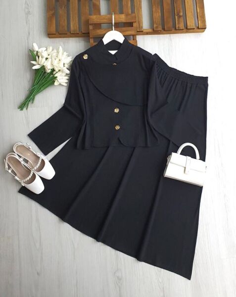 NAKSE ASİMETRİK PARÇALI GOLD DÜĞMELİ KETEN TAKIM 5712-01-SİYAH - 1