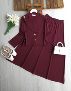NAKSE ASİMETRİK PARÇALI GOLD DÜĞMELİ KETEN TAKIM 5712-04-BORDO - 1
