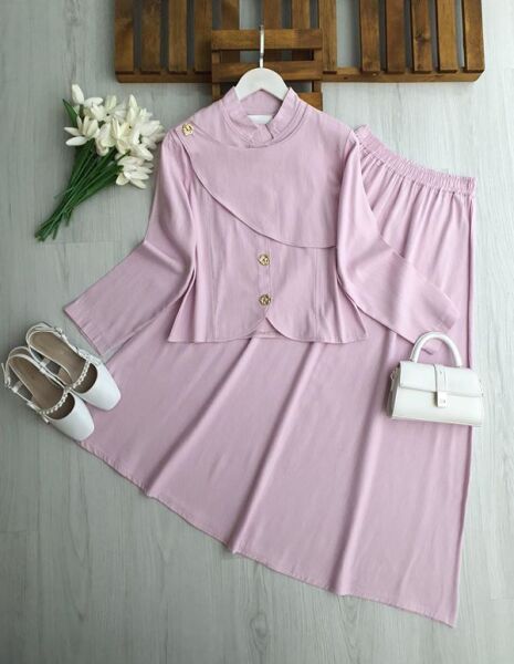 NAKSE ASİMETRİK PARÇALI GOLD DÜĞMELİ KETEN TAKIM 5712-05-PUDRA - 1