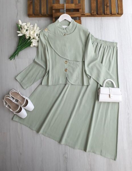 NAKSE ASİMETRİK PARÇALI GOLD DÜĞMELİ KETEN TAKIM 5712-08-MİNT - 1