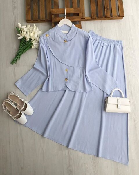 NAKSE ASİMETRİK PARÇALI GOLD DÜĞMELİ KETEN TAKIM 5712-10-MAVİ - 1