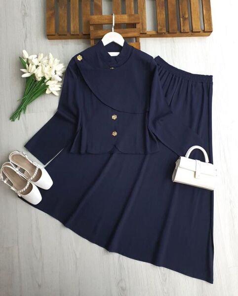 NAKSE ASİMETRİK PARÇALI GOLD DÜĞMELİ KETEN TAKIM 5712-12-LACİVERT - 1