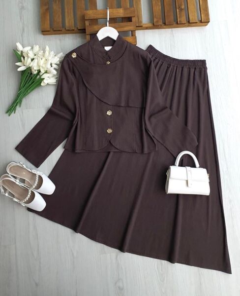 NAKSE ASİMETRİK PARÇALI GOLD DÜĞMELİ KETEN TAKIM 5712-37-KAHVE - 1