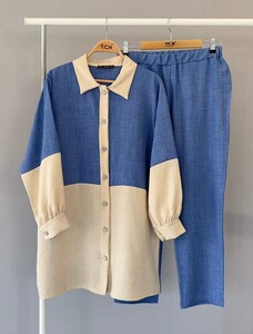 NALİ ÇİFT RENK KETEN İKİLİ TAKIM B7-3-1534-11-İNDİGO - 