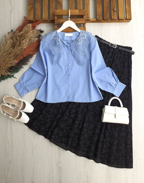 NALİ TÜL YAKALI GÖMLEK 5665-10-MAVİ - 1