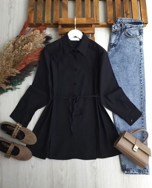 NALKDA ÖNÜ YIRTMAÇLI BELİ İPLİ GÖMLEK TUNİK B2-6-5657-01-SİYAH - 1