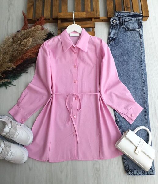 NALKDA ÖNÜ YIRTMAÇLI BELİ İPLİ GÖMLEK TUNİK B2-6-5657-05-PUDRA - 1