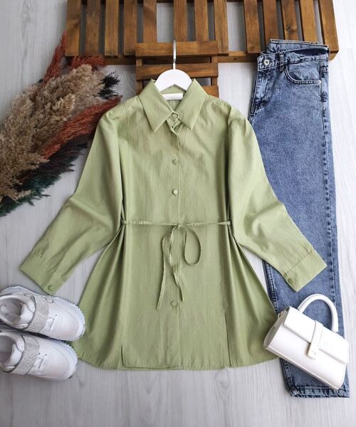 NALKDA ÖNÜ YIRTMAÇLI BELİ İPLİ GÖMLEK TUNİK B2-6-5657-08-MİNT - 1